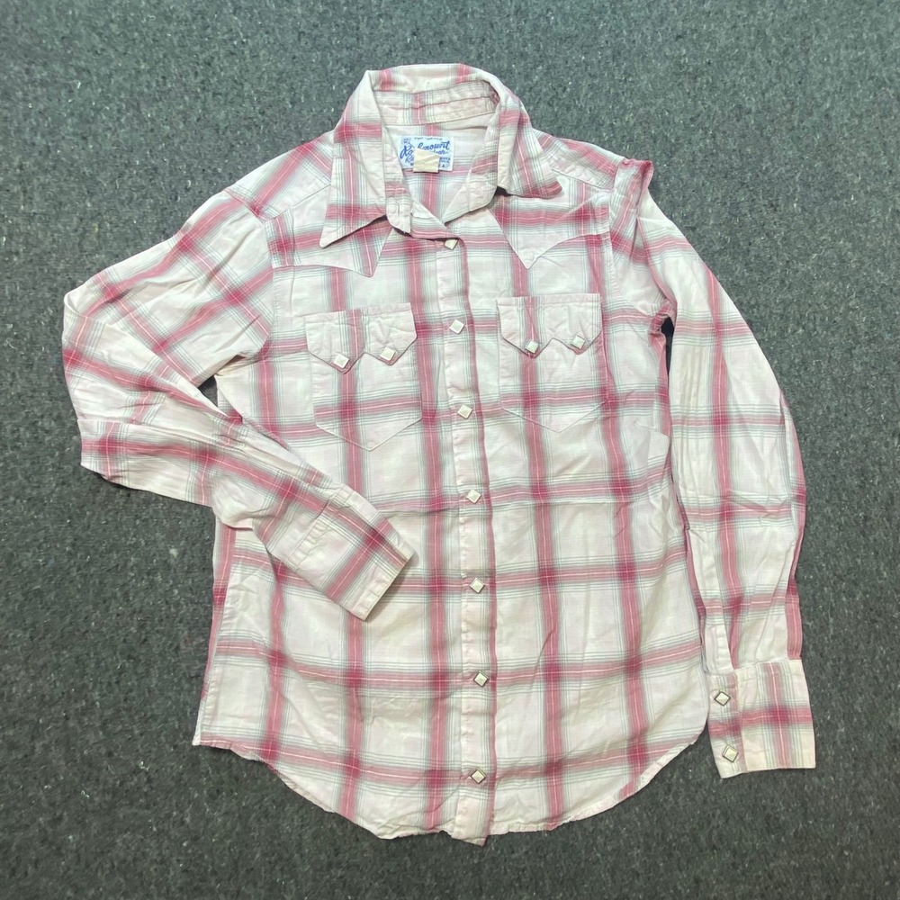 Rockmount Ranch Wear Western Shirt Small Womens Pink Plaid Pearl Snap Sawtooth